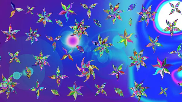 Raster düz çiçek çizim deseni. Mavi ve mor renkli çiçekler. Tasarım hediye paketi, tebrik kartları, posterler ve afiş tasarımı.