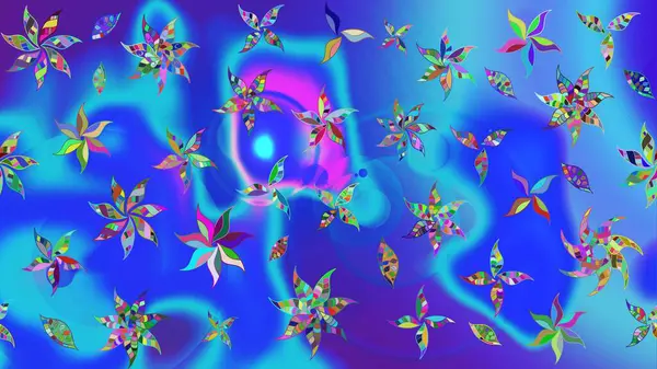 Şirin çiçekli eskiz deseni ve mavi ve mor renkli yapraklar, suluboya çiçek deseni, duvar kağıdı, kart ya da kumaş için fayanslı. Raster illüstrasyonu.