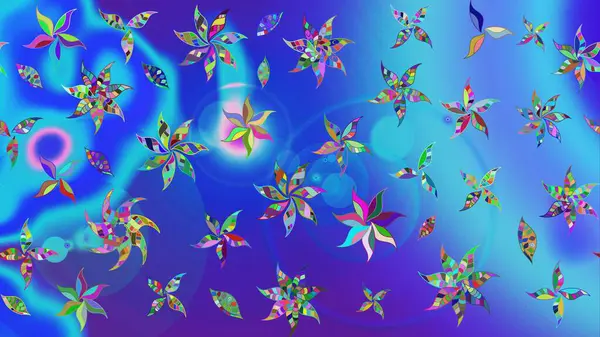 1950-1960 motifleri. Çiçekli ipek eşarp. El çizimi çiçek unsurları olan soyut çizim raster deseni. Retro tekstil tasarım koleksiyonu. Mavi ve menekşe üzerine mavi ve menekşe.