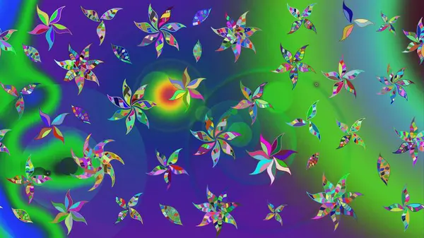 Yeşil ve mavi renkte çiçekler. Gömlek baskısı için çiçek boyası. Çiçek eskiz kalıbı geçmişi.