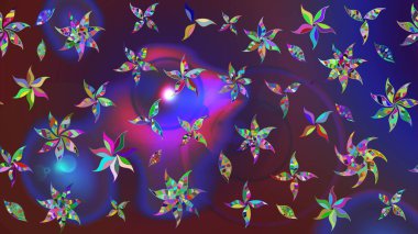 Raster illüstrasyonu. Raster illüstrasyonu. Mor ve mor renkli çiçekler. Çiçek desenli çizim. Asya tekstil tarzında.