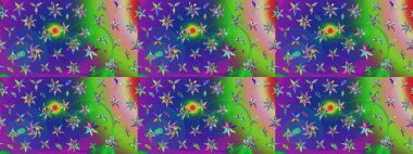 Renkli desenli eskiz deseni, yeşil ve mavi çiçekler ve dekoratif elementler. Eskiz geçmişi. Raster illüstrasyonu. Kumaş, tekstil, duvar kağıdı baskısı için. Antika retro tarzı.