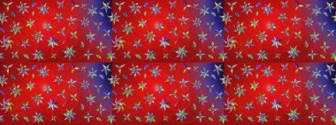 Çiçekli ipek eşarp. El çizimi çiçek unsurları olan soyut çizim raster deseni. 1950-1960 motifleri. Retro tekstil tasarım koleksiyonu. Kırmızı ve mor üzerine kırmızı ve mor.