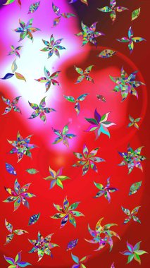 Raster - stok. Yapraklı çiçekler ve kırmızı ve pembe renklerde papatya çiçekleri. Taslak arkaplan deseni.