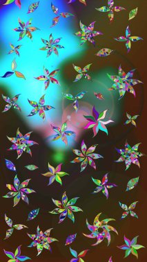 Moda baskıları için zarif bir şablon. Parlak renkli çiçekleri ve kahverengi ve mavi renkli yaprakları olan harika bir çiçek deseni. Modern çiçek arkaplanı. Halk stili.