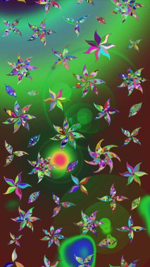 Yumuşak, yeşil ve kahverengi renklerde bahar çiçekleri. Raster illüstrasyonu. Çiçek ve yapraklı karalama şeklinde Raster çiçek deseni.