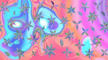 Raster çiçek desenli çiçek deseni, yapraklar, dekoratif elementler, sıçrama, lekeler, el çizimi kontur çizgileri ve Doodle çizim stili, grafik raster çizim çizimi.