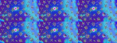 Mavi ve mor renkli şirin çiçek desenleri. Raster Modaya uygun kumaş deseni. Renkli Bahar Teması eskiz kalıbı. Düz Çiçek Elementleri Tasarımı.