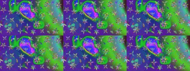 Çiçekli karalama şeklinde Raster çiçek deseni. Yumuşak, yeşil ve mor renkli yaz çiçekleri. Raster illüstrasyonu.