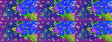 Raster illüstrasyonundaki çiçek desenli çizim. Mavi ve mor renkte çiçekler.