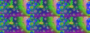 Şirin çiçekli eskiz deseni ve yeşil ve mavi renkli yapraklar, suluboya çiçek deseni, duvar kağıdı, kart ya da kumaş için fayanslı. Raster illüstrasyonu.