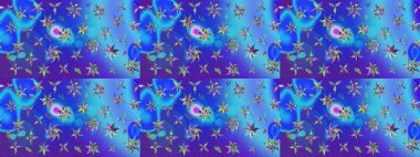 Sevimli çiçek raster deseni. Mavi ve mor renkli çiçekler. Renkli Bahar Teması eskiz kalıbı. Düz Çiçek Elementleri Tasarımı.