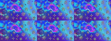 Parlak renkli çiçekleri ve mavi ve menekşe renklerinde yaprakları olan harika bir çiçek deseni. Moda baskıları için zarif bir şablon. Modern çiçek arkaplanı. Halk stili.