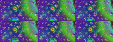 Küçük yeşil ve mavi renkte güzel bir besin torbası deseni, çiçekler. Millefleur 'lar. Tekstil, kumaş, kapaklar, duvar kağıtları, baskı, paket, koleksiyon defteri, örgü, dekupaj için çiçek arkaplanı..