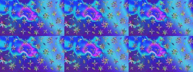 Parlak renkli çiçekleri ve mavi ve menekşe renklerinde yaprakları olan harika bir çiçek deseni. Moda baskıları için zarif bir şablon. Modern çiçek arkaplanı. Halk stili.