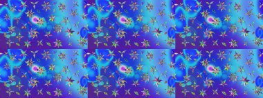 Sevimli çiçek raster deseni. Mavi ve mor renkli çiçekler. Renkli Bahar Teması eskiz kalıbı. Düz Çiçek Elementleri Tasarımı.