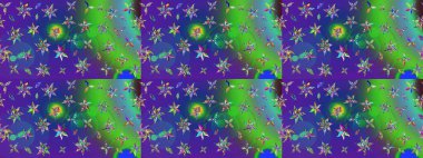 Raster illüstrasyonundaki çiçek desenli çizim. Suluboya tarzında mavi ve yeşil renkte çiçekler.