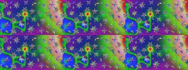 Raster düz çiçek çizim deseni. Hediye ambalaj kağıdı, tebrik kartları, posterler ve pankart tasarımı. Yeşil ve mavi renkte çiçekler.