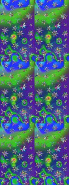 Raster Illustrasyon 'daki Çiçek Deseni' nin son moda çizimi. Renkli Yaz Temalı eskiz kalıbı. Yeşil ve mavi renkte çiçekler. Düz Çiçek Elementleri Tasarımı.