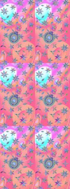 Çocuksu tasarım. Elle çizilmiş çiçek desenli Raster çizimi. Pembe ve nötr arkaplanda. Tekstil, kumaş, ambalaj, hatıra defteri için güzel çiçek arkaplanı..