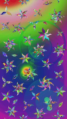 Eskiz arkaplan modeli. Raster - stok. Yapraklı çiçekler ve yeşil ve mavi renkli papatya çiçekleri..