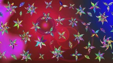 Şirin çiçekli eskiz deseni ve kırmızı ve mavi renkli yapraklar, suluboya çiçek deseni, duvar kağıdı, kart veya kumaş için fayanslı. Raster illüstrasyonu.