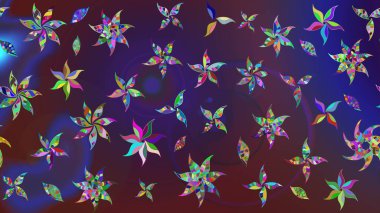 Raster illüstrasyonu. Yumuşak, bahar çiçekleri mor ve mor renklerde. Çiçek ve yapraklı karalama şeklinde Raster çiçek deseni.