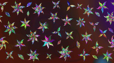 Moda baskıları için zarif bir şablon. Modern çiçek arkaplanı. Parlak renkli çiçekleri ve kahverengi ve mor renkli yaprakları olan harika bir çiçek deseni. Halk stili.