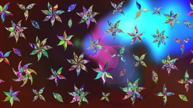 Moda baskıları için zarif bir şablon. Motley illüstrasyonu. Kahverengi ve mavi çiçekli bahar çiçekleri. Küçük çiçekte güzel bir desen. Küçük renkli çiçekler..