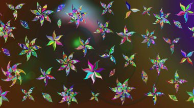 Patlayan çiçekler soyut olarak yerleştirilmiş. Raster illüstrasyonu. Yumuşak, bahar çiçekleri kahverengi ve gri renklerde. Raster deseni.