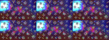 Motley illüstrasyonu. Küçük çiçekte güzel bir desen. Moda baskıları için zarif bir şablon. Menekşe ve mor çiçekli bahar çiçekleri. Küçük renkli çiçekler..