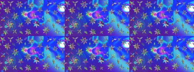 Renkli desenli eskiz deseni, mavi ve mor çiçekler ve dekoratif elementler. Eskiz geçmişi. Raster illüstrasyonu. Kumaş, tekstil, duvar kağıdı baskısı için. Antika retro tarzı.