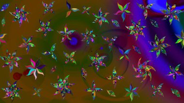 Çiçeksel fantezi tasarımı ve parlak bir arka plan çizimi. Düz Çiçek Elementleri Tasarımı. Renkli Bahar Teması çizim şablonu.