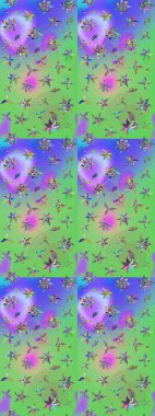 Raster deseni. Soyut çiçek çizim kalıbı arka planı. Raster illüstrasyonu. Yeşil ve mor renklerde. Küçük çiçekte sevimli çiçek deseni var..