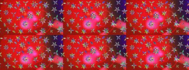 Suluboya elle çizilmiş çiçek desenli eskiz deseni. Parlak renkli fantezi çiçekleri, yapraklar, kırmızı ve pembe renkli tomurcuklar, kırmızı ve pembe.