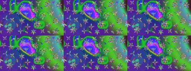 Şirin çiçekli eskiz deseni ve yeşil ve mor renkli yapraklar, suluboya çiçek deseni, duvar kağıdı, kart ya da kumaş için fayanslı. Raster illüstrasyonu.