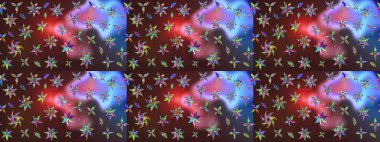 Çiçek desenli çizim. Raster illüstrasyonu. Kahverengi ve mor renkli Asya tekstili.