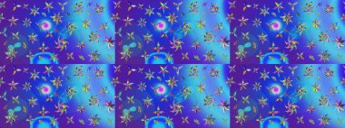 Raster illüstrasyonu. Suluboya çiçekli çiçek deseni. Mavi ve mor renkli Asya tekstili.