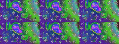 Şirin çiçekli eskiz deseni ve yeşil ve mor renkli yapraklar, suluboya çiçek deseni, duvar kağıdı, kart ya da kumaş için fayanslı. Raster illüstrasyonu.