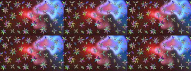 Çiçek desenli çizim. Raster illüstrasyonu. Kahverengi ve mor renkli Asya tekstili.