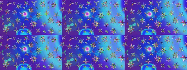 Raster illüstrasyonu. Suluboya çiçekli çiçek deseni. Mavi ve mor renkli Asya tekstili.