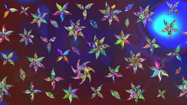 Raster illüstrasyonu. Tropik çiçek desenleri. Mor ve mor renkte çiçekler.