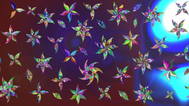 Raster - stok. Eskiz arkaplan modeli. Yapraklı çiçekler ve mor ve mor renkli papatya çiçekleri..