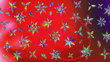 Raster illüstrasyonu. Patlayan çiçekler soyut olarak yerleştirilmiş. Kibar, bahar çiçekleri kırmızı ve pembe renklerde. Raster deseni.