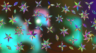 Çocuksu tasarım. Yeşil ve mavi arka planda. Elle çizilmiş çiçek desenli Raster çizimi. Tekstil, kumaş, ambalaj, hatıra defteri için güzel çiçek arkaplanı..