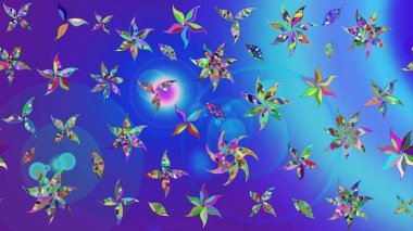 Elle boyanmış suluboya resim çizimleri, çiçekler ve bitkiler. Mavi ve mor renkte çiçekler.