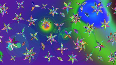 Raster illüstrasyonu. Kumaş, tekstil, duvar kağıdı baskısı için. Eskiz geçmişi. Renkli desenli eskiz deseni, mavi ve mor çiçekler ve dekoratif elementler. Antika retro tarzı.