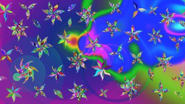 Raster illüstrasyonundaki çiçek desenli çizim. Mavi ve mor renkte çiçekler.