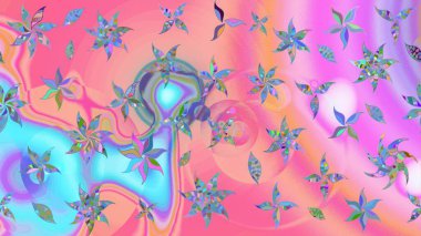 Asya tekstil tarzında. Raster illüstrasyonu. Pembe ve mavi renkte çiçekler. Çiçek desenli çizim. Raster illüstrasyonu.