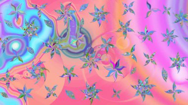 Tekstil için suluboya eskiz deseni. El çizimi çiçek çizimi deseni (fayans). Şirin çiçekleri, desenleri, pembe ve mavi renkleri olan renkli çizim deseni.